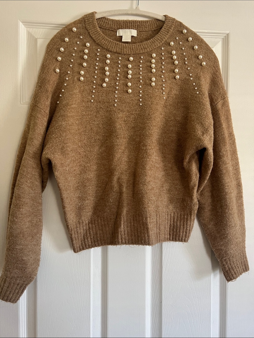 H&M Camel Pearl-Embellished Crewneck Sweater